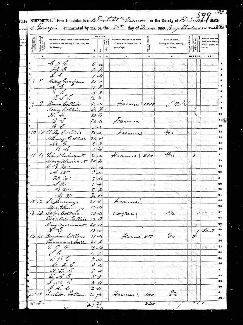 1850 U.S. Census. Thomas Collier's family begins on line 8. His son, Wiley Collier's family is listed directly below on line 13.