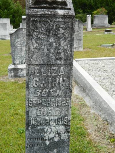 Inscription reads: "Eliza Gwinn. Born Sept. 20, 1825. Died July 28, 1913" Inscription reads: "Eliza Gwinn. Born Sept. 20, 1825. Died July 28, 1913"