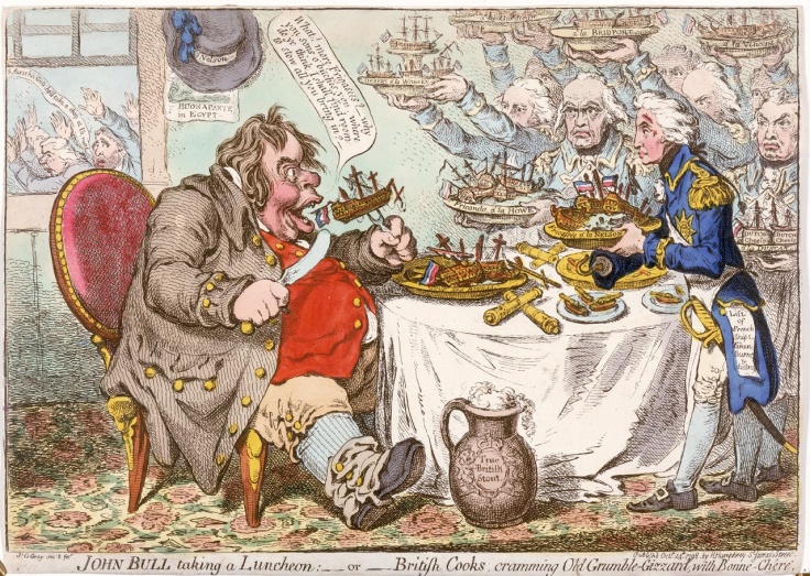 This print was published on 24 October 1798, just after Nelson's victory at the Battle of the Nile. He is shown in the forefront of British admirals and naval heroes, serving up victories for ‘Old Grumble-Gizzard’, the British public, to satisfy its appetite for ‘frigasees’ of enemy ships, washed down with 'True British Stout'. This print was published on 24 October 1798, just after Nelson's victory at the Battle of the Nile. He is shown in the forefront of British admirals and naval heroes, serving up victories for ‘Old Grumble-Gizzard’, the British public, to satisfy its appetite for ‘frigasees’ of enemy ships, washed down with 'True British Stout'.