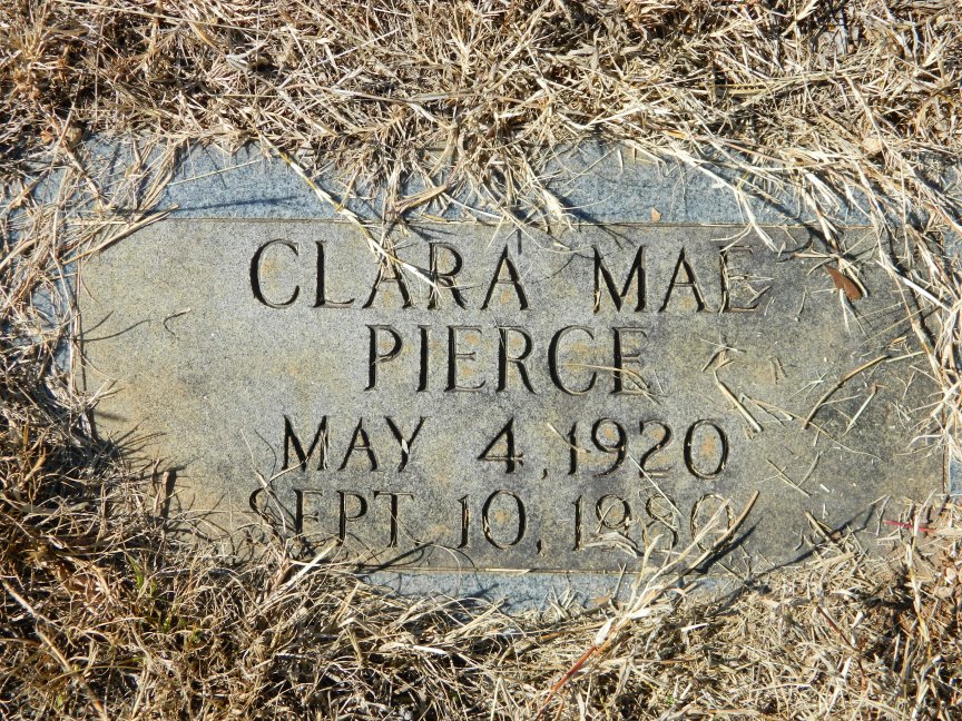 Gravestone for Clara Mae Pierce (May 4, 1920 – Sept. 10, 1980). Gravestone for Clara Mae Pierce (May 4, 1920 – Sept. 10, 1980).