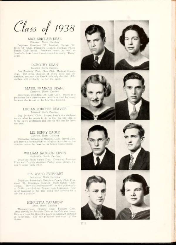 Senior photo from 1938 Brevard College yearbook of Brevard, NC. Available online at [[http://www.archive.org/details/pertelote1938brev]].