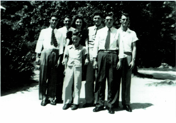 Children of R. T. and  Mamie W. Randall: Front Left to Right: John Furman Randall and Cohen Dillard Randall. Back Left to Right: Robert Nolan Randall, Thomas Loyd Randall, Morene Randall Payne, Benjamin Hershel Randall and Herbert Hoover Randall. Missing children are: Janie Lee Randall and Infant Son Randall