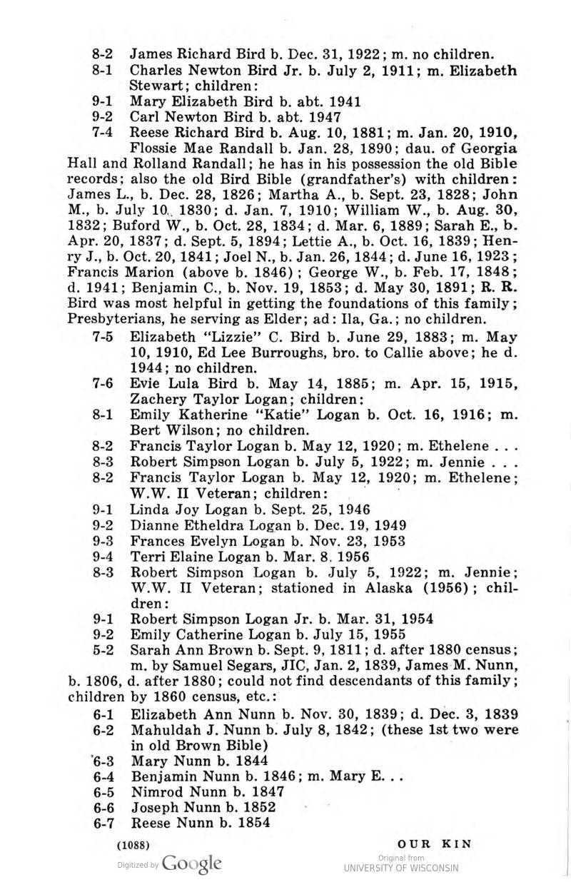 See 7-4 (above) from "Our Kin" (published 1958) reporting the marriage of Reese Richard Bird to Flossie Mae Randall. See 7-4 (above) from "Our Kin" (published 1958) reporting the marriage of Reese Richard Bird to Flossie Mae Randall.