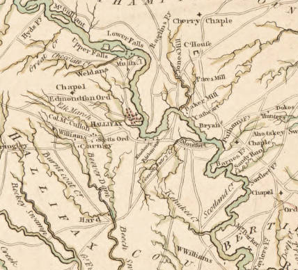 A portion of John Collet's 1770 map of North Carolina depicting the environs of Halifax and the Roanoke River. A portion of John Collet's 1770 map of North Carolina depicting the environs of Halifax and the Roanoke River.
