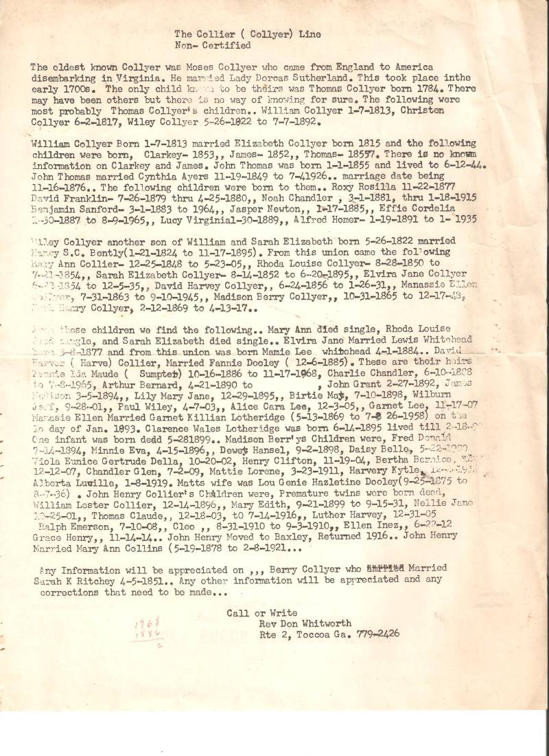 "The Collier (Collyer) Line, Non-Certified", By Rev. Don Whitworth.
