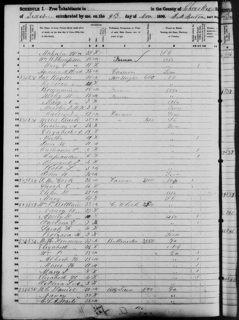 1850 Census (dated Nov. 9, 1850). Moses Hampton Denman's family begins on line 32. 1850 Census (dated Nov. 9, 1850). Moses Hampton Denman's family begins on line 32.